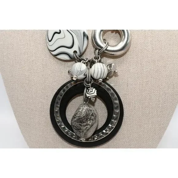 Chico's Statement Necklace Black White Lucite Wood Ring Silver Tone - Picture 7 of 11